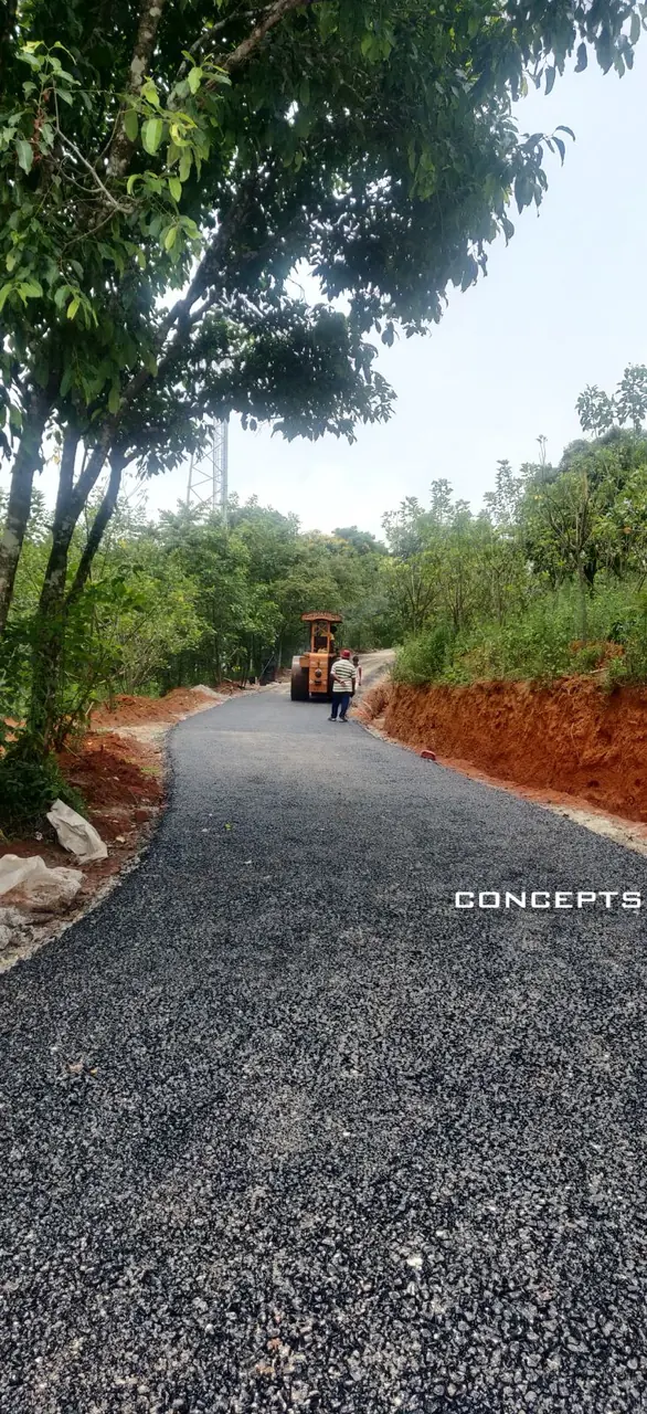 Freshly tarred access road with roller, estate entrance in Kodagu